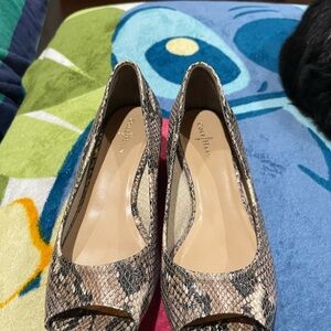 Cole Haan Snakeskin Peep Toe Heels - Black and Tan
